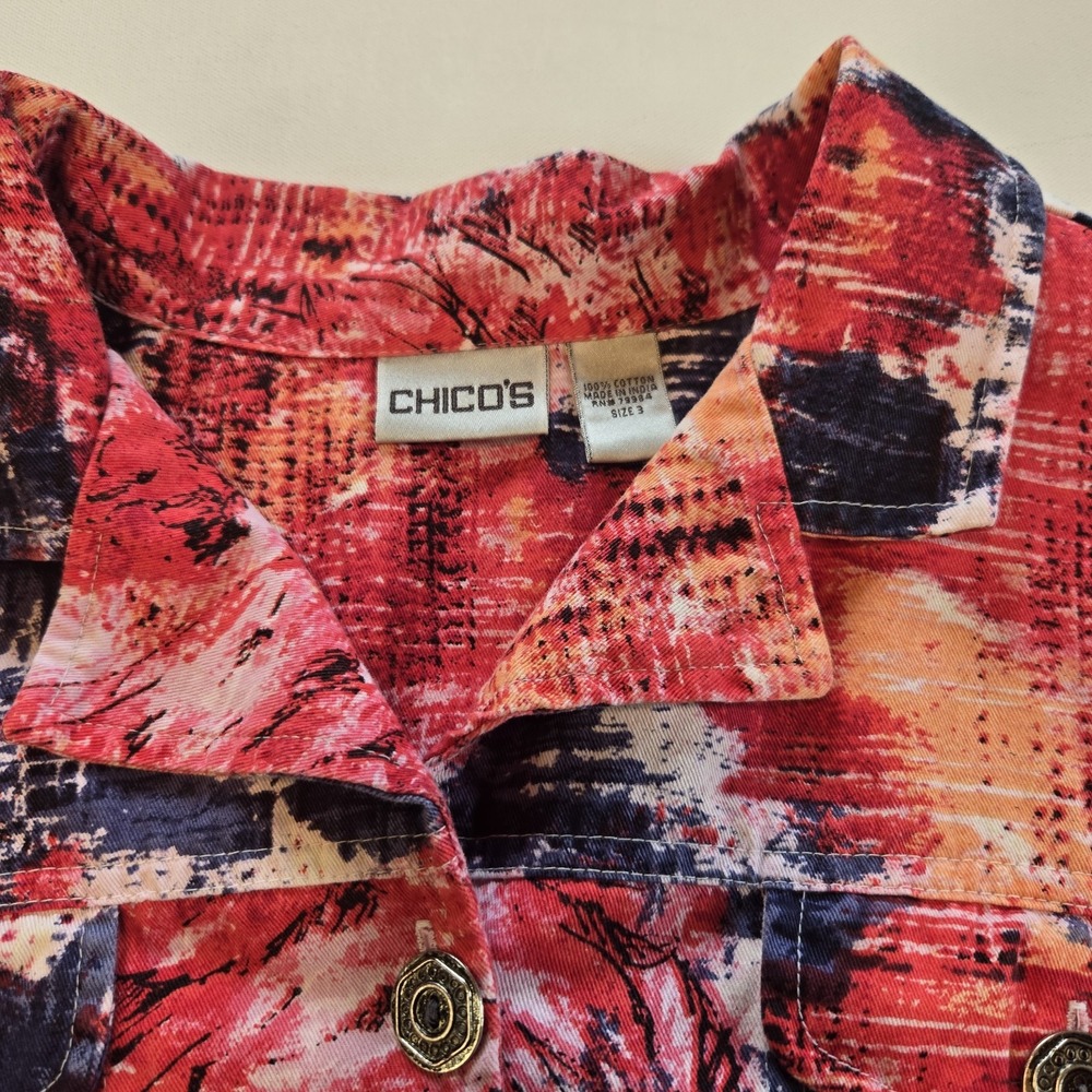 Chico's Geometric and‎ Floral Red Blue Collared Button Down Jacket Womens Size 3 - Picture 2 of 8